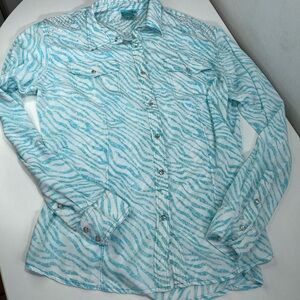 Cowgirl Hardware Western Button Up Rhinestone Zebra Print Paisley Baby Blue Y2K